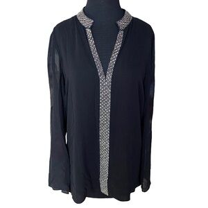 Tory Burch silk black beaded metallic v-neck sheer tunic style blouse size 10
